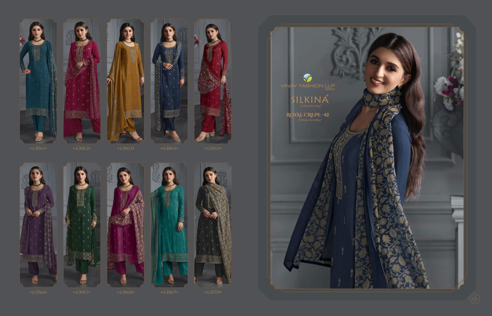 Vinay Silkina Royal Crepe 42 Fancy Regular Wear Dress Material Catalog
